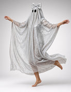 Silver sequin ghost cape with bow at the hood, sheer draped poncho with glitter sparkle