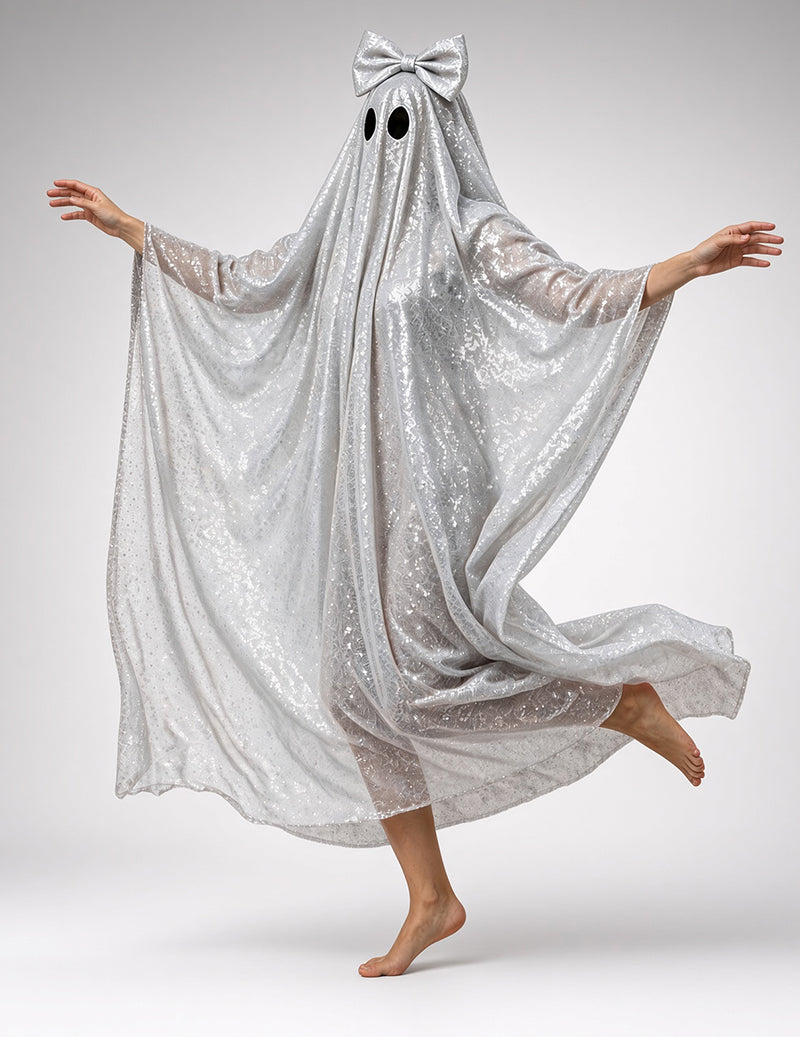 Silver sequin ghost cape with bow at the hood, sheer draped poncho with glitter sparkle