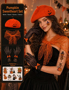 Orange Halloween beret with jack-o'-lantern patch, black mesh gloves, tattoo set included