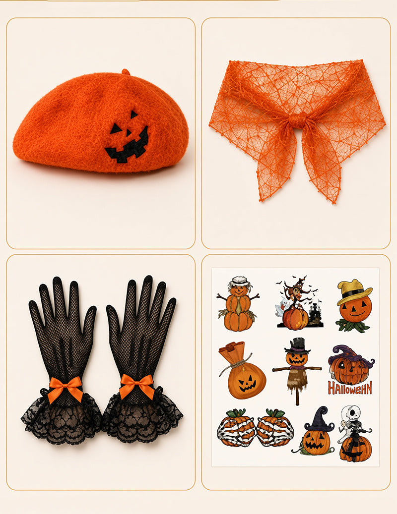Pumpkin orange beret, orange bow capelet, black lace gloves, temporary tattoo sheet