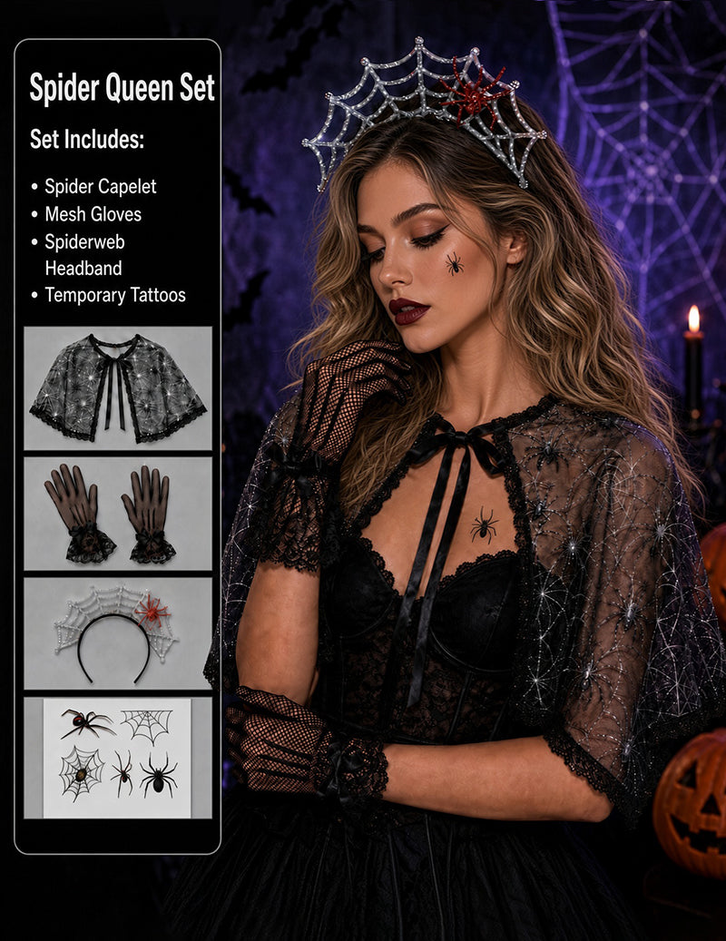 Black lace spider capelet and black mesh gloves with silver spider tiara, model wearing set