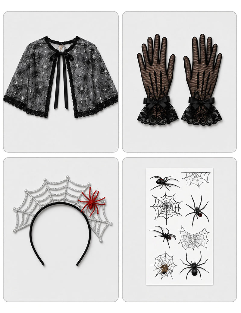 Black lace spider capelet, black mesh gloves, silver spider headband, temporary tattoo sheet