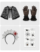 Black lace spider capelet, black mesh gloves, silver spider headband, temporary tattoo sheet