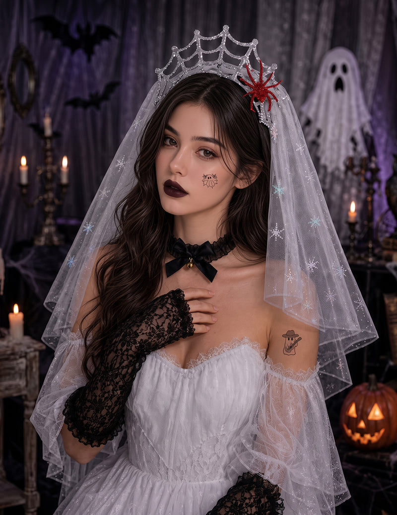 White tulle veil headpiece, black lace fingerless gloves, temporary ghost-themed tattoos