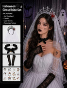 Ghost bride set: white veil headpiece, black lace choker and arm lace sleeves, tattoos