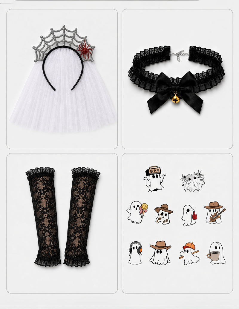 Ghost bride accessories: white veil headband, black lace choker, black lace arm sleeves, tattoos