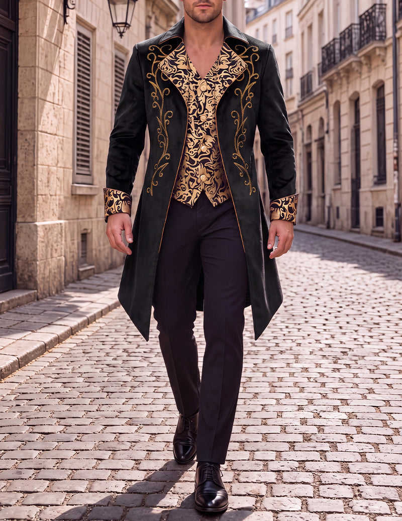 Men's black tailcoat jacket with gold ornate foil print and long asymmetrical tails