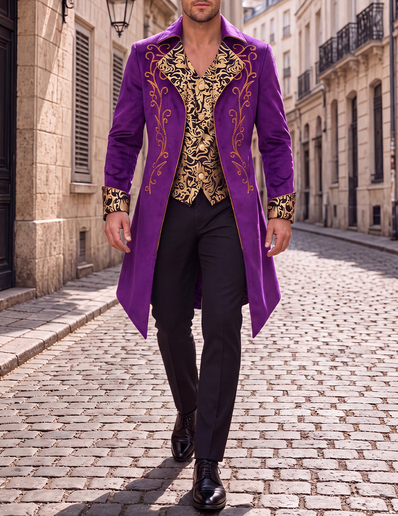 Men's imperial purple tailcoat jacket with gold ornate foil print and patterned cuffs