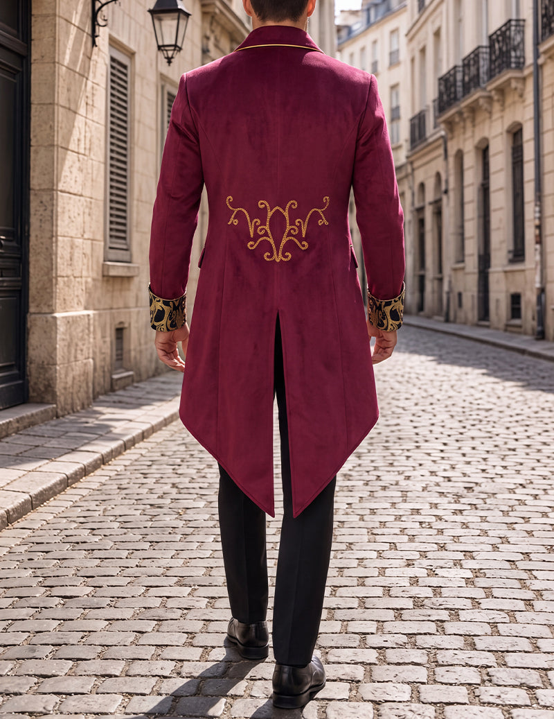 Men's burgundy tailcoat jacket back view with gold ornate foil print on upper back