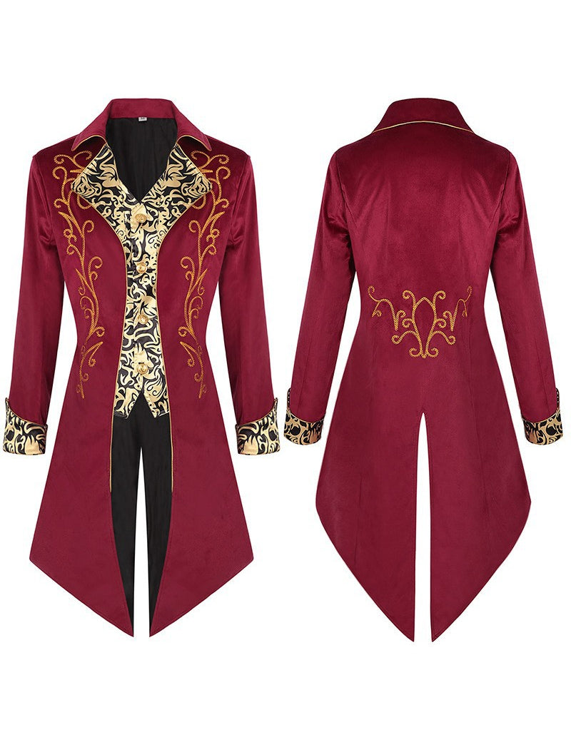 Men's burgundy tailcoat jacket, front and back with gold ornate foil print and cuffs