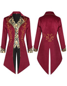 Men's burgundy tailcoat jacket, front and back with gold ornate foil print and cuffs