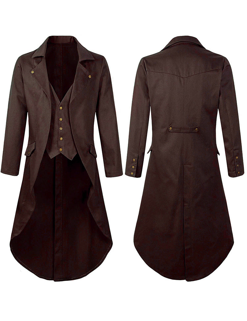 Men's Victorian steampunk tailcoat costume jacket, brown, front and back views