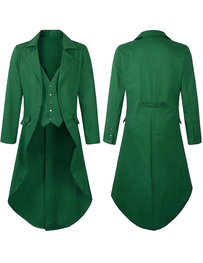 Men's Victorian steampunk tailcoat costume jacket, green, front and back views