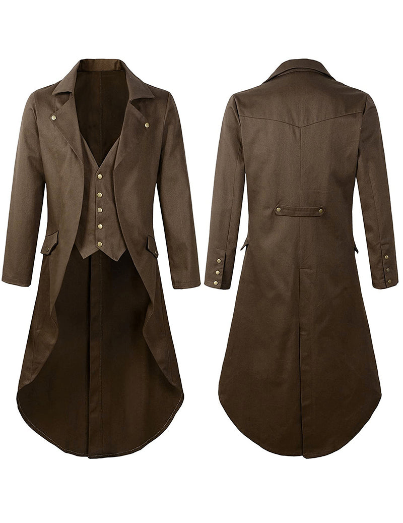 Men's Victorian steampunk tailcoat costume jacket, light brown, front and back views