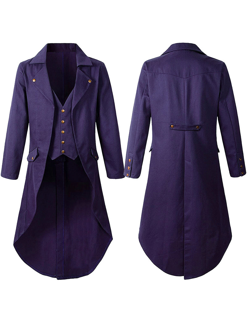 Men's Victorian steampunk tailcoat costume jacket, purple, front and back views