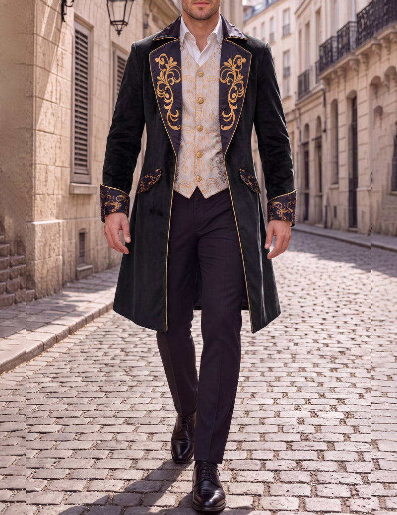 Men's tailcoat jacket, black with gold scroll embroidery and contrast trim, long length