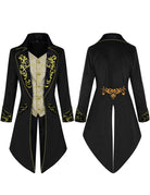 Men's tailcoat jacket, black with gold scroll embroidery and yellow piping, long sleeves