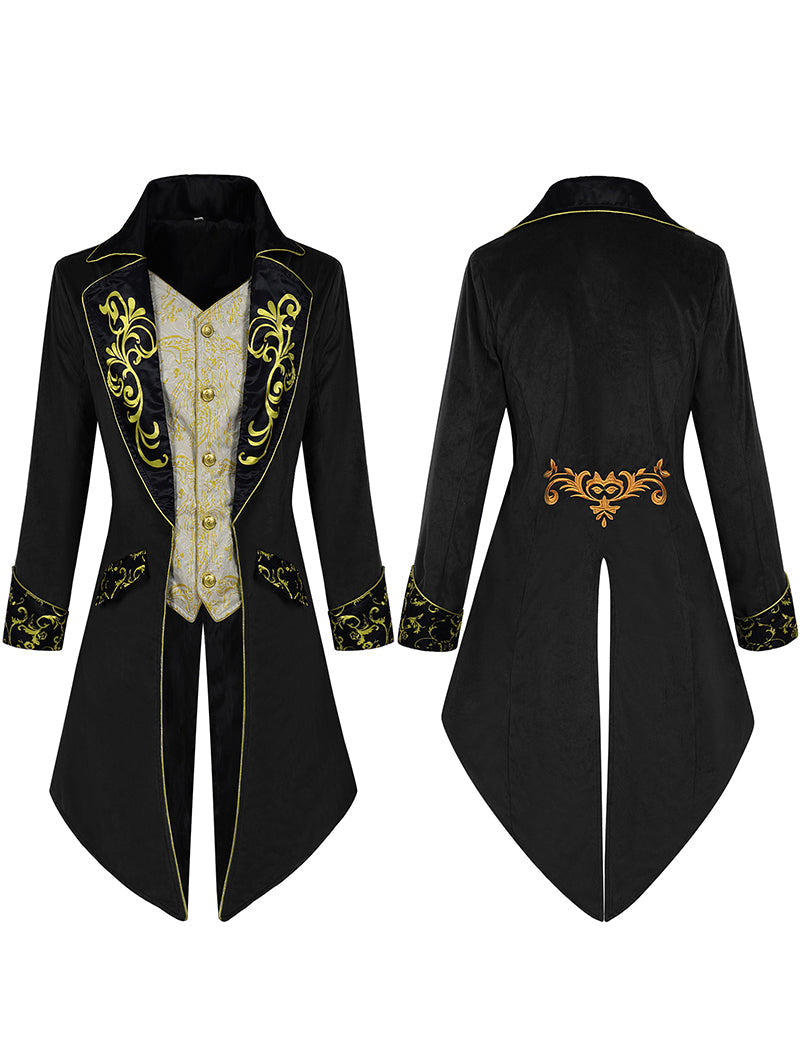 Men's tailcoat jacket, black with gold scroll embroidery and yellow piping, long sleeves