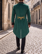 Men's tailcoat jacket, emerald green with gold back emblem and long pointed tails
