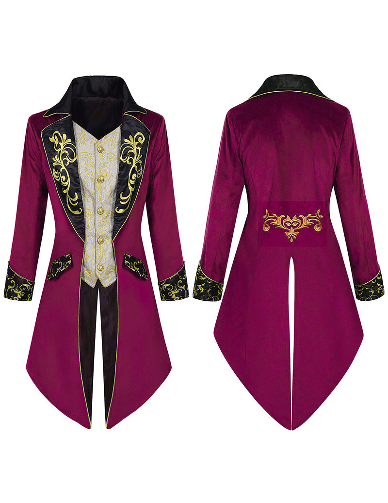 Men's tailcoat jacket, burgundy with gold scroll back emblem and yellow trim