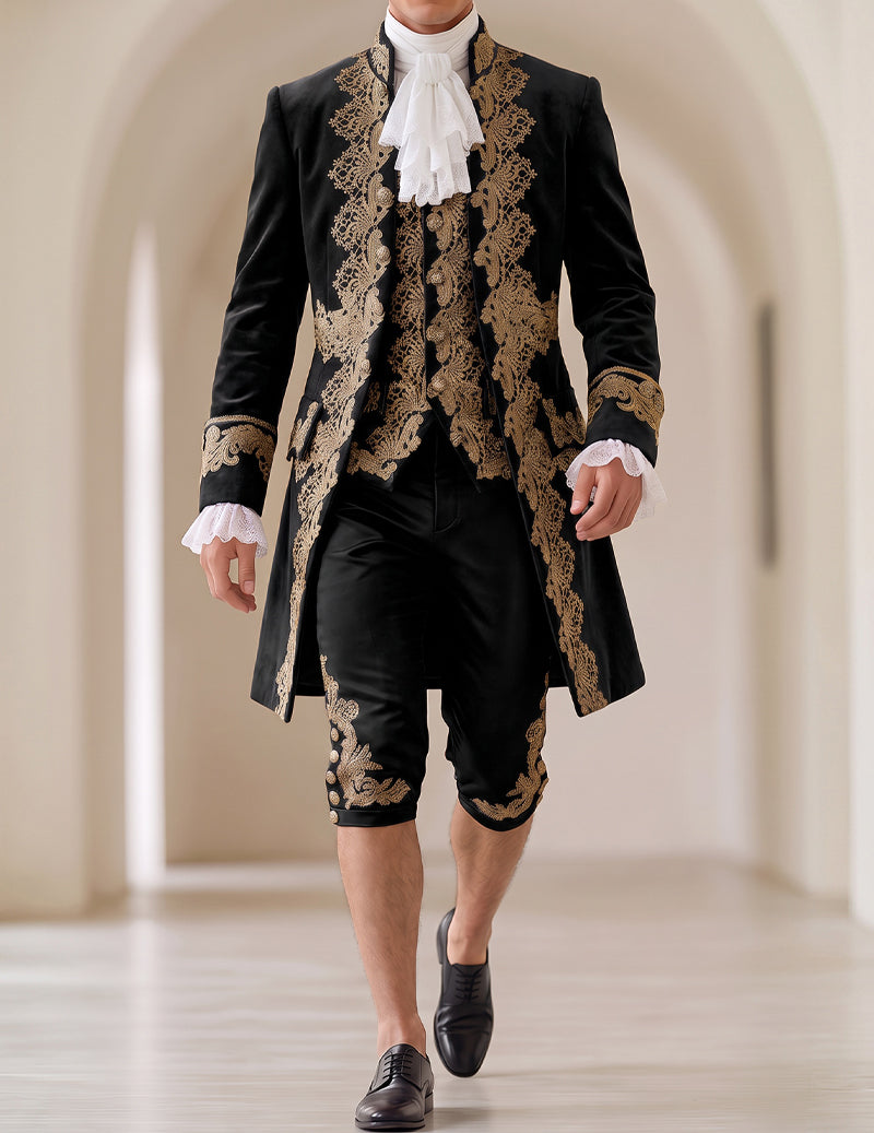 Men's baroque prince costume set, black coat with gold embroidery and lace cuffs