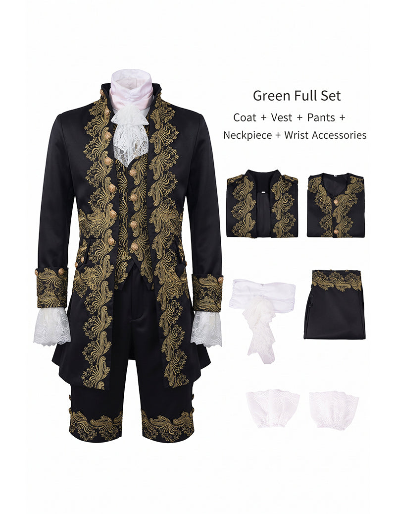 Men’s baroque prince costume set in black with gold embroidery: coat, vest, pants, and accessories