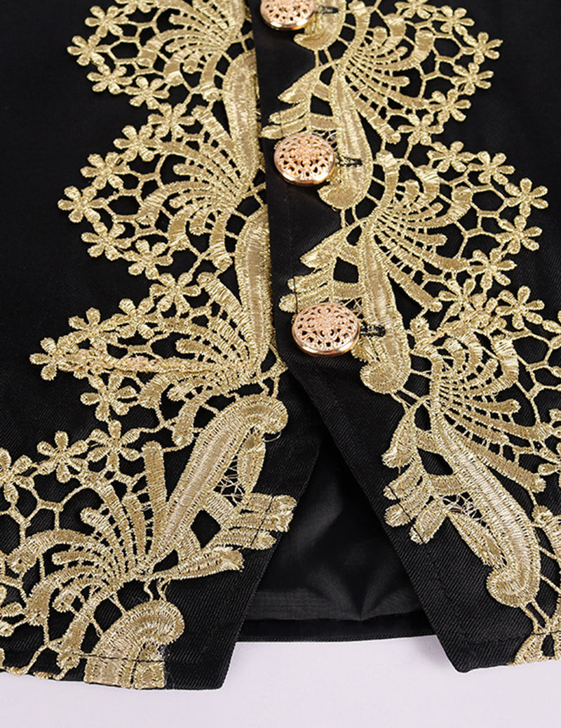 Baroque prince coat front panel with intricate gold embroidery on dark fabric