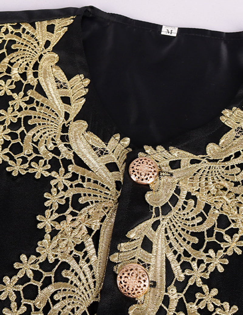 Baroque prince costume embroidered front, black fabric with gold filigree and medallions