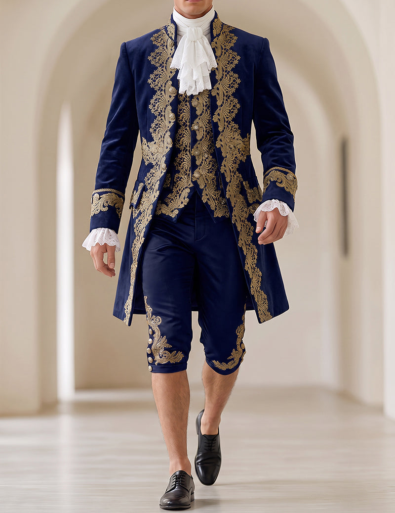 Men’s baroque prince costume set in dark blue with gold embroidered coat, vest, and knee pants
