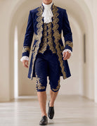 Men’s baroque prince costume set in dark blue with gold embroidered coat, vest, and knee pants