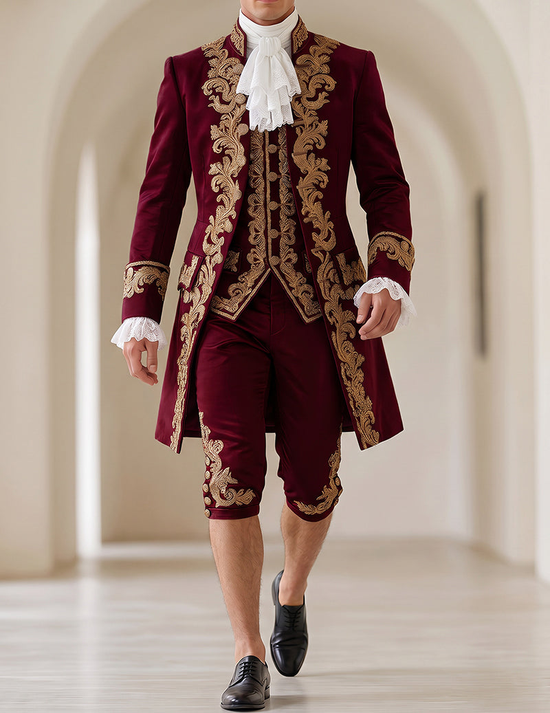 Men’s baroque prince costume set in burgundy with gold embroidered coat, vest, and knee pants