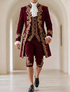 Men's baroque prince costume set, burgundy coat with gold embroidery and lace cuffs
