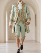Men's baroque prince costume set, mint green coat with gold embroidery and lace cuffs