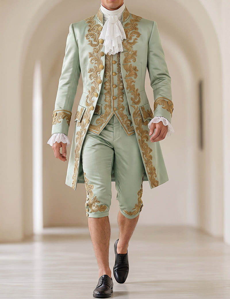 Men's baroque prince costume set, mint green coat with gold embroidery and lace cuffs