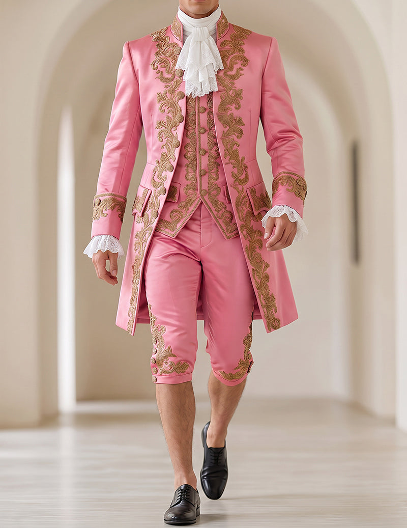 Men's baroque prince costume set in pink: embroidered long coat, vest, knee pants with lace cuffs