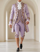 Men's baroque prince costume set, lavender coat with gold embroidery and lace cuffs