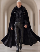 Gothic 3-piece set with black ruffled shirt, leather-look pants, and wide fur-trim cape