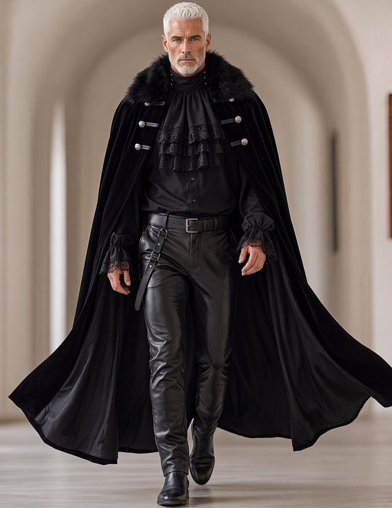 Gothic 3-piece set with black ruffled shirt, leather-look pants, and wide fur-trim cape