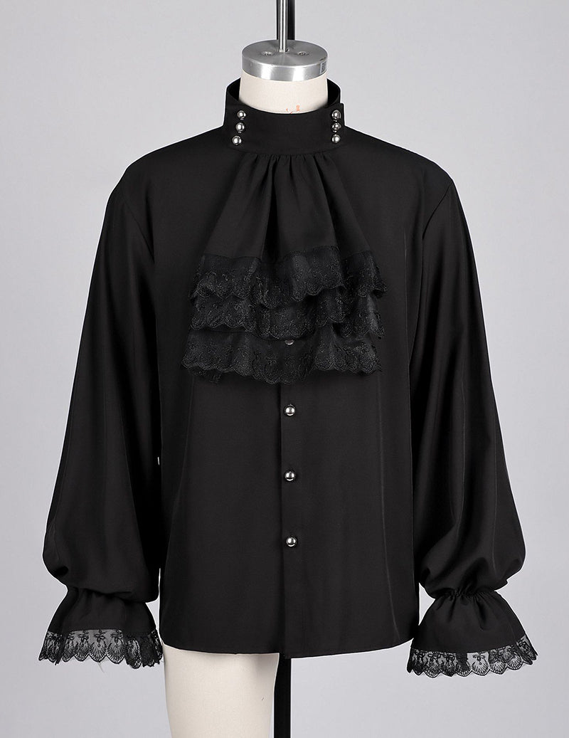 Black ruffled front button-up shirt with lace-trim cuffs and stand collar