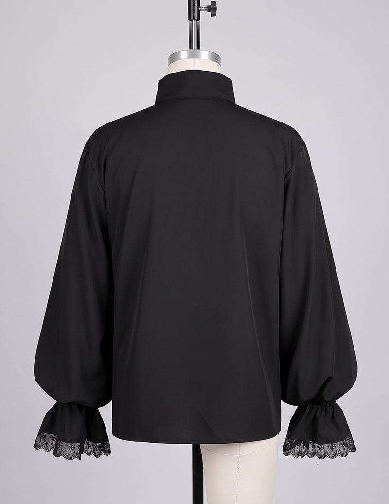 Black gothic shirt with puff sleeves and lace-trim cuffs, back view on mannequin