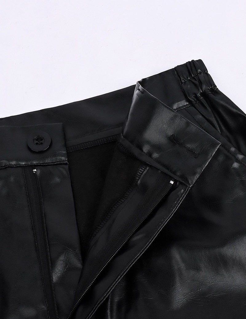 Black leather-look pants detail, zip fly and seam panels with angled side pocket