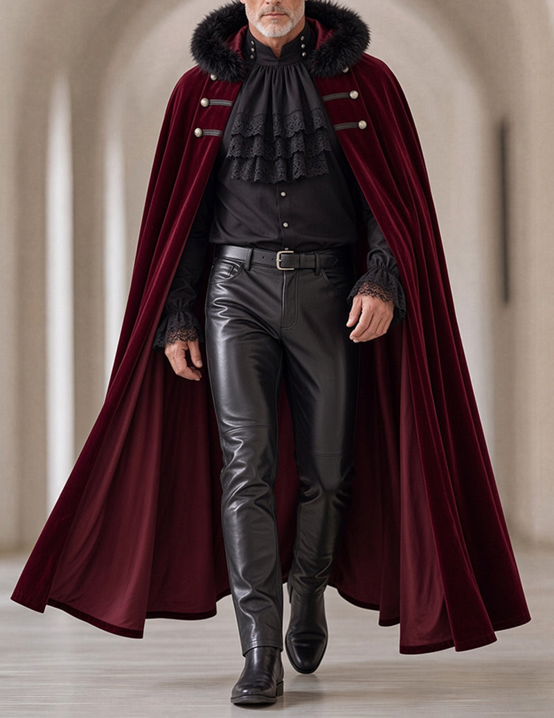 Gothic 3-piece set with burgundy cape, black ruffled shirt, and leather-look pants