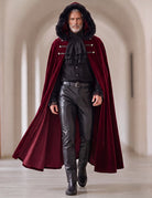 Gothic 3-piece set with burgundy fur-trim cape, black ruffled shirt, and leather-look pants