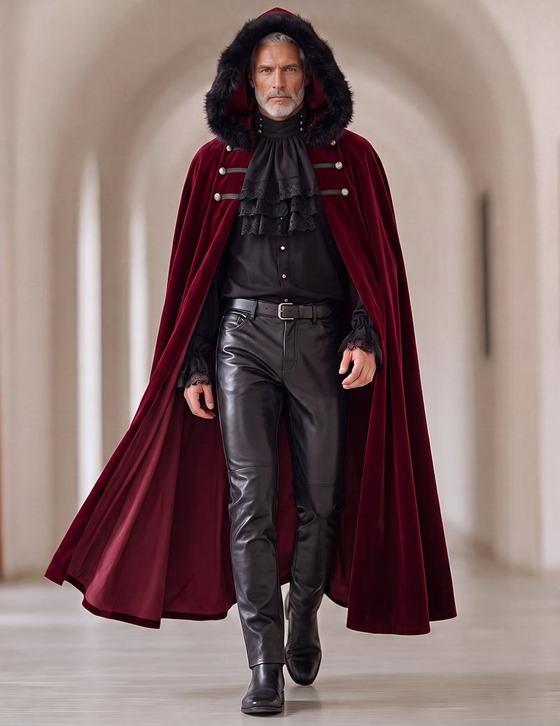 Men's gothic set: buttoned burgundy fur-trim cape, ruffled black shirt, leather-look pants