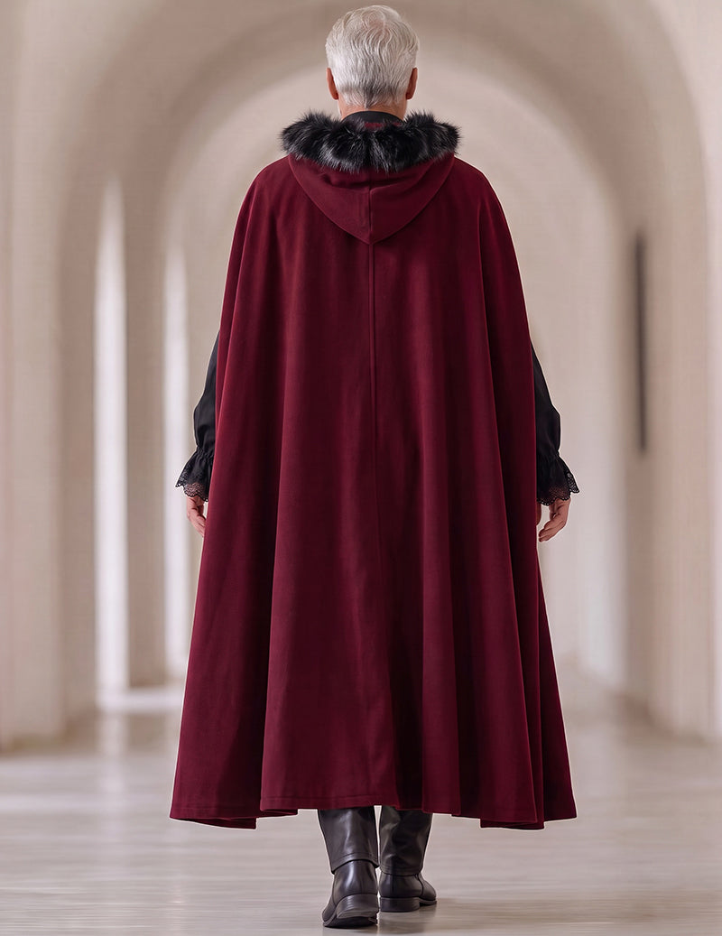 Men's gothic set back view: burgundy hooded fur-trim cape, leather-look pants