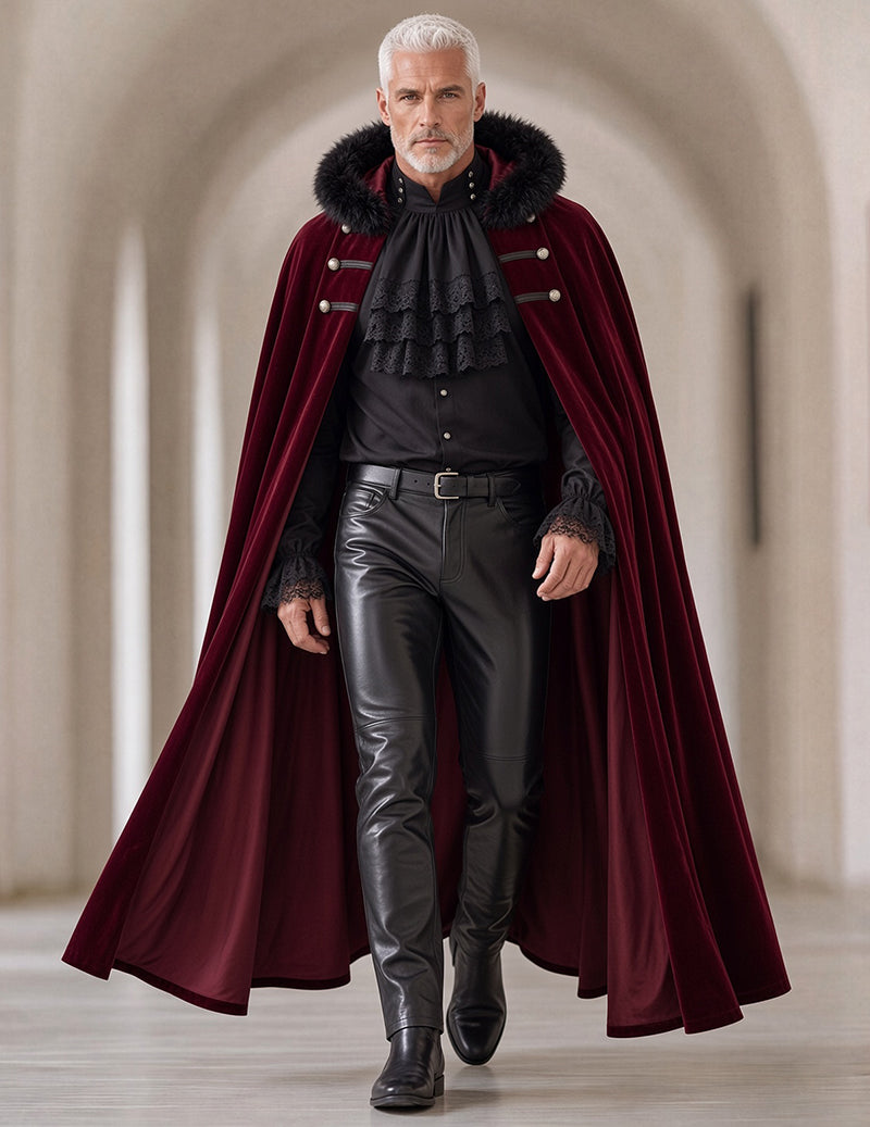Men's gothic 3-piece set, burgundy cape with faux-fur trim over ruffled black shirt and pants