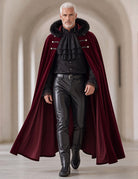 Men's gothic 3-piece set, burgundy cape with faux-fur trim over ruffled black shirt and pants