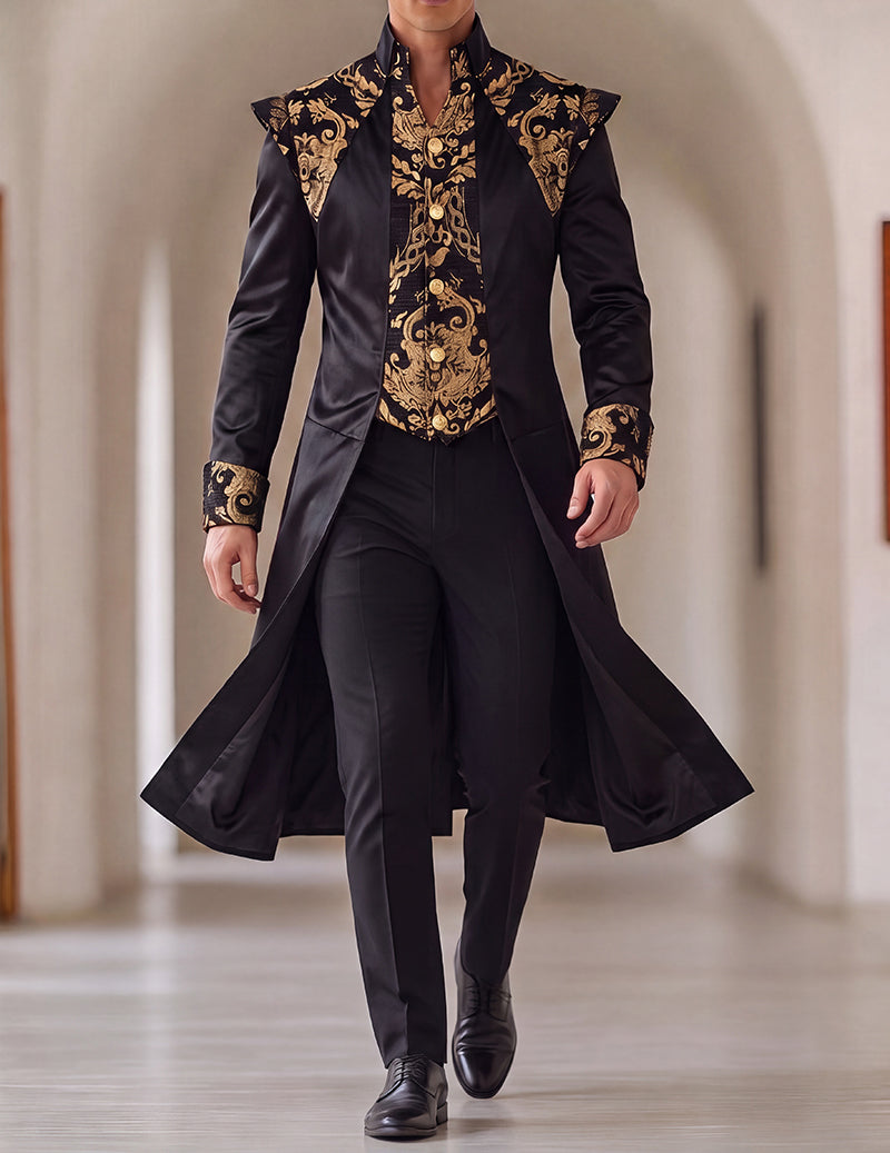 Men's black long frock coat with stand collar and gold baroque front panel