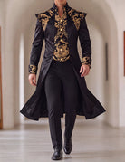 Black long frock coat with baroque patterned vest panel and stand collar