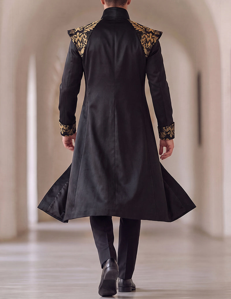 Men's black long frock coat with stand collar, ornate gold cuffs, and flared hem